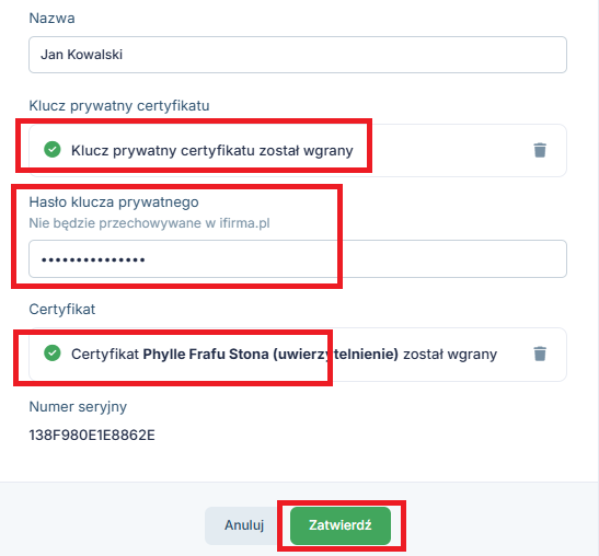 zatwierdź klucz i hasło
