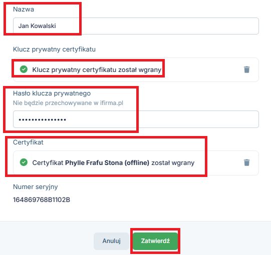 nazwa klucz i hasło certyfikatu offline
